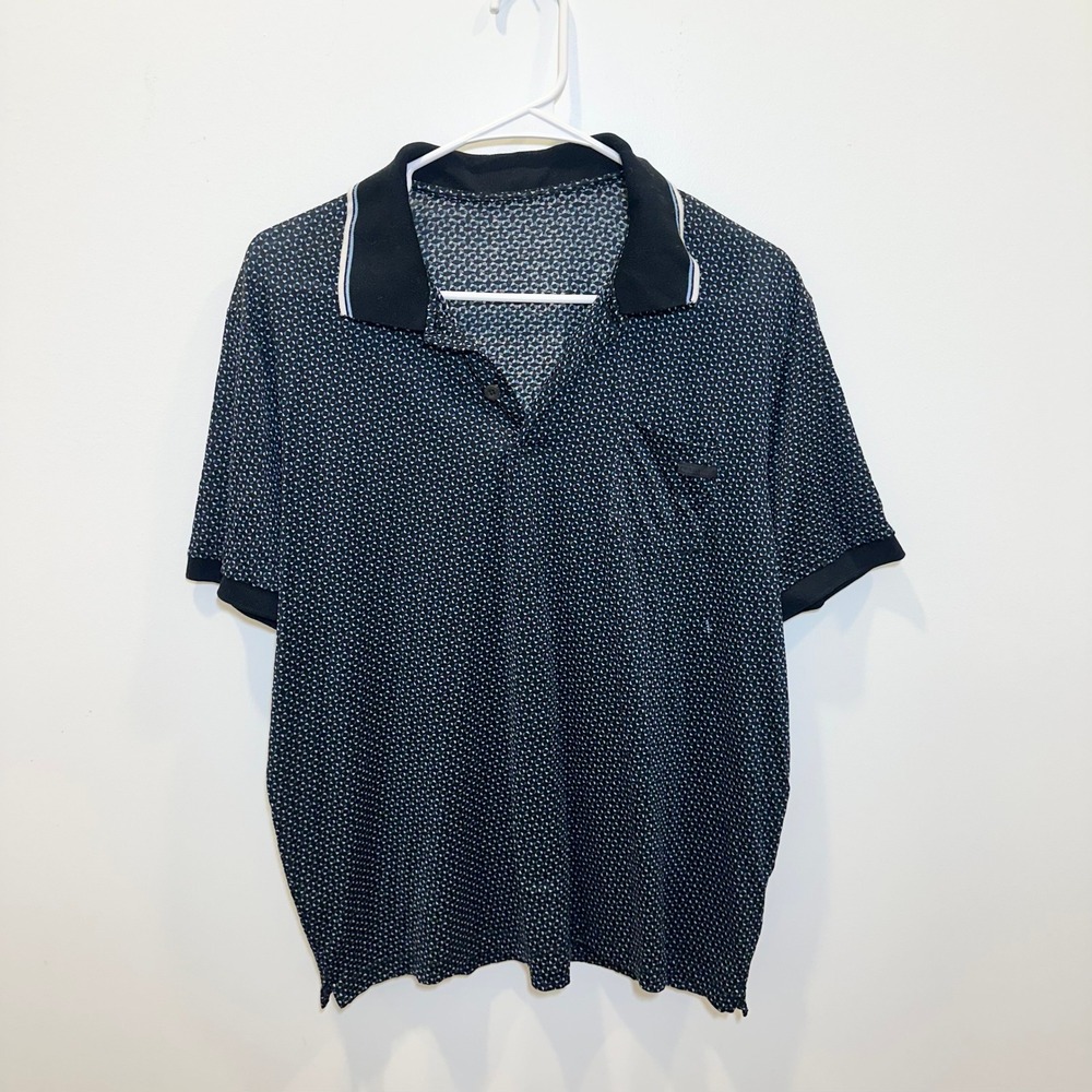 Prada Mens Geometric Micro Print Polo Shirt Navy Blue Short Sleeve‎ Pocket Logo
